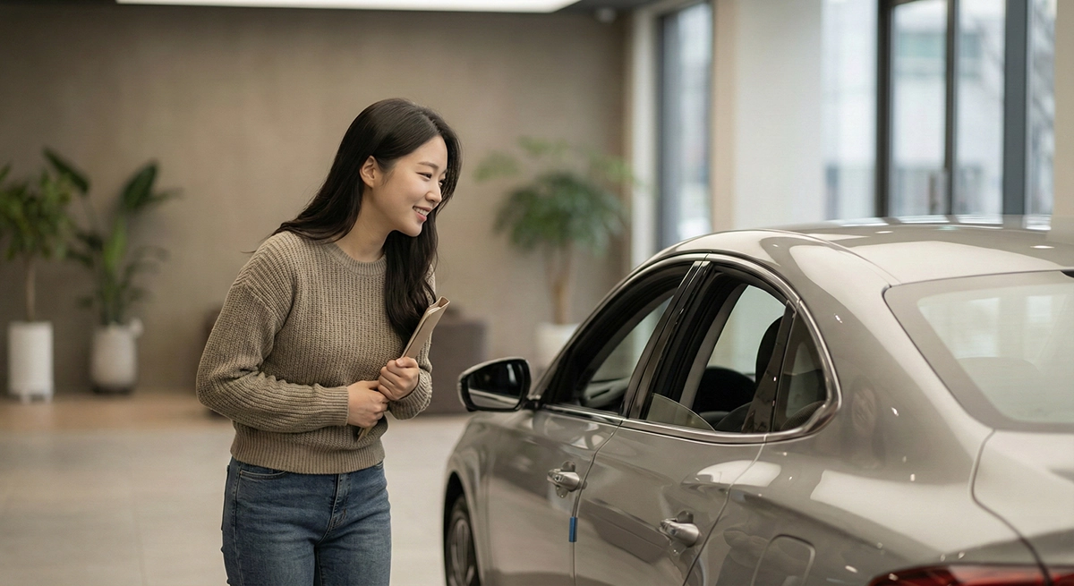 장기렌트 가격비교 체크리스트로 차량 점검하는 모습