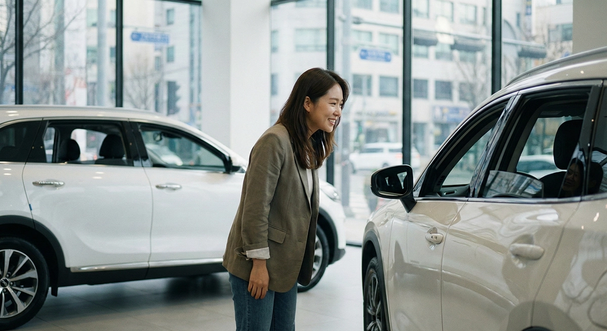 장기렌트 가격비교를 위해 쇼룸에서 차량을 비교하는 장면